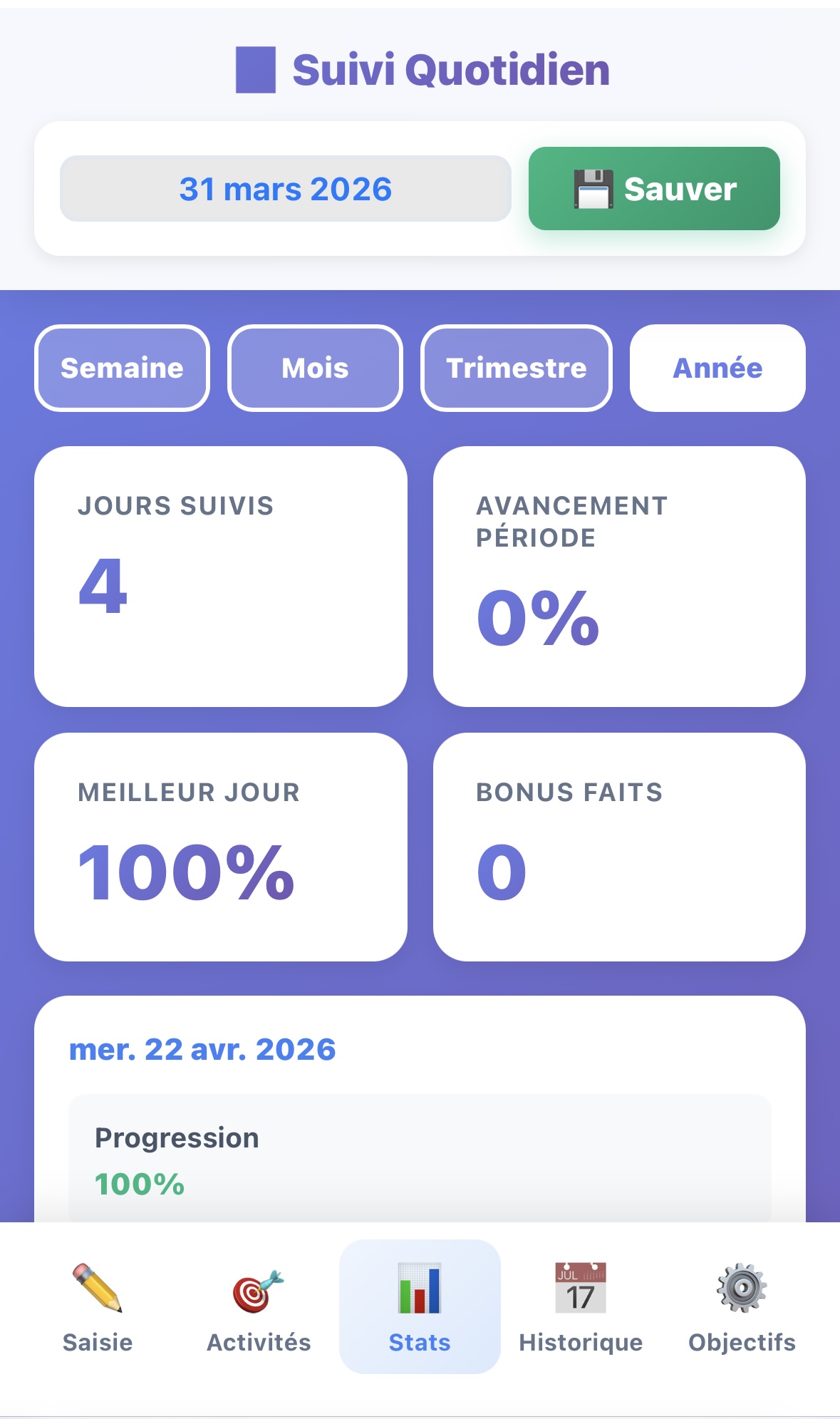 Vue calendrier et progression